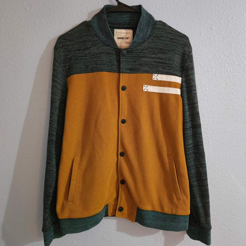 BBCJS Mens L Green Gold Knit Varsity Jacket‎ Collegiate Style Bomber Coat